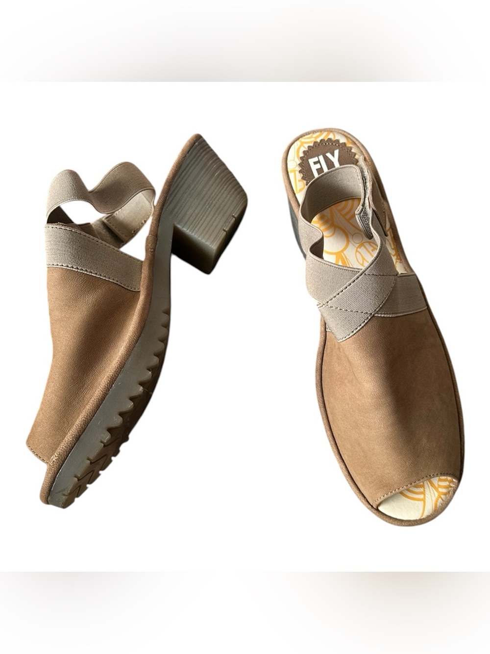 FLY London Wata Lagenlook Taupe Slingback Open Toe Block Heel Chunky Shoes 40